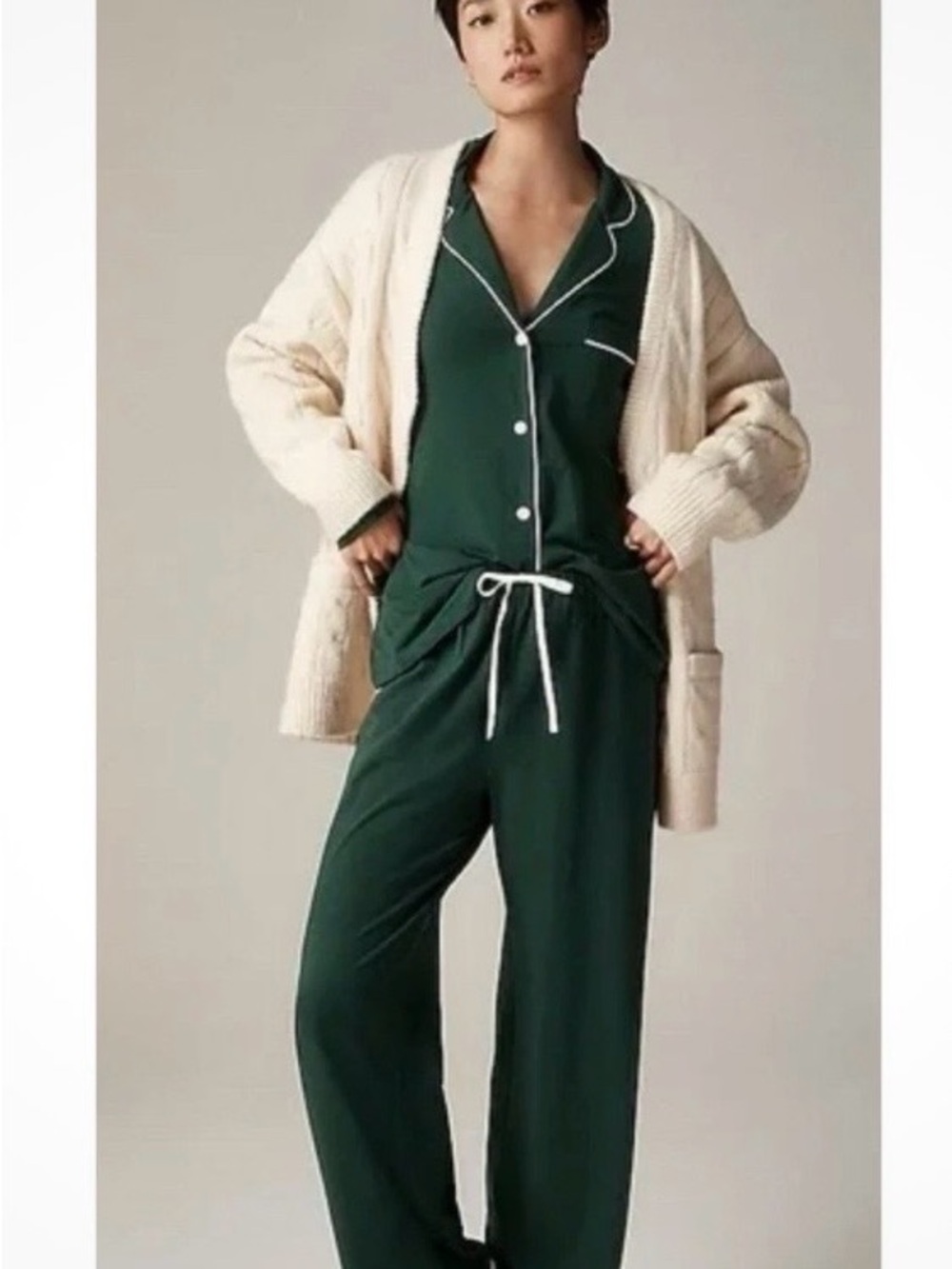 NWT JCrew Dark Green Pajama Set with White Piping